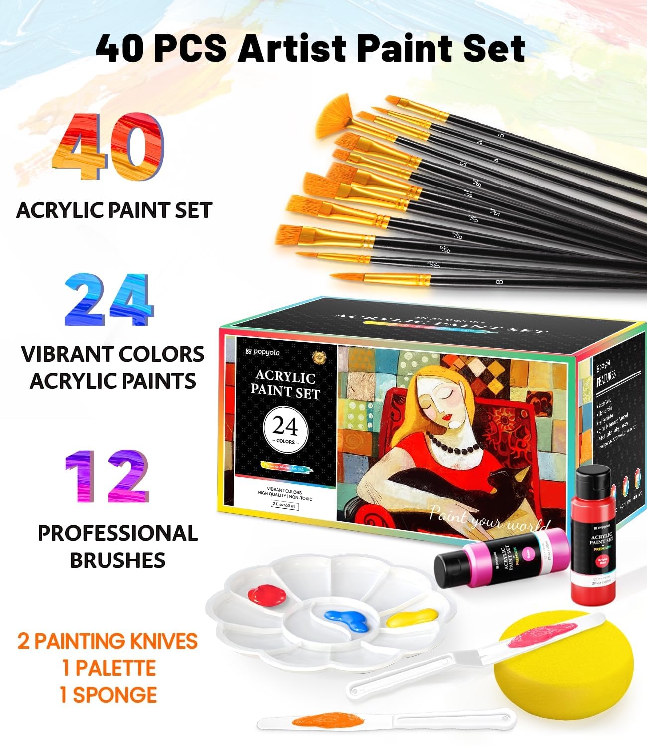 40 Pack Acrylic Paint Set with 12 Brushes, 2 Knives, Palette and Sponge, 24 Colors (60ml, 2oz) Art Craft Paint Gifts for Adults Kids Artists Beginners, Canvas Ceramic Wood Rock Pumpkin Painting Kit