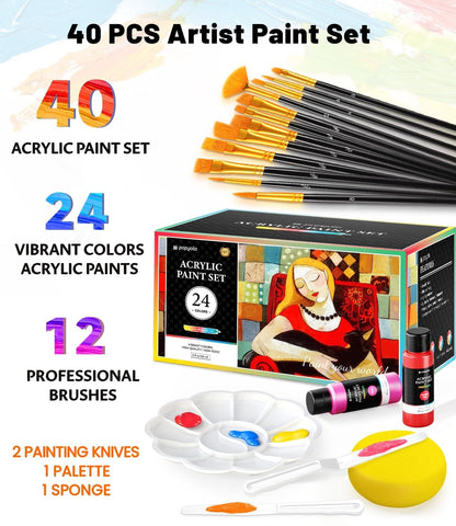 40 Pack Acrylic Paint Set with 12 Brushes, 2 Knives, Palette and Sponge, 24 Colors (60ml, 2oz) Art Craft Paint Gifts for Adults Kids Artists Beginners, Canvas Ceramic Wood Rock Pumpkin Painting Kit