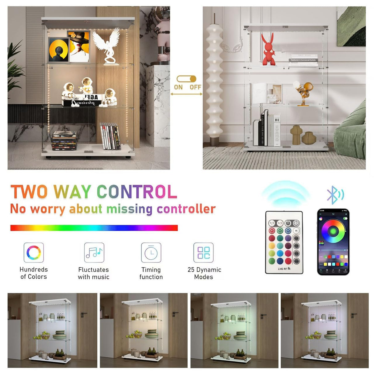 Maxtude 49.17" Tall Tempered Glass Display Cabinet with LED Lights, Curio Cabinet with 3 Shelves with 2 Door, Quick-Install Style Floor Standing Bookshelf File Cabinet for Living Room Office Maxtude