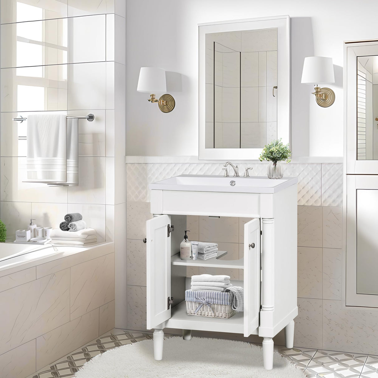 Merax 24” Bathroom Vanity with Sink, Powder Room Small Bathroom Vanity with 2-Door Cabinet, Undermount Sink, Solid Wood Frame Bathroom Storage Cabinet (White) Merax
