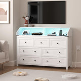 Wodeer Dresser for Bedroom with Power Strip & LED Light,7-Drawer Dresser & Chest of Drawers with Deep Drawers, Wood Double Dresser Storage Cabinet for Bedroom,Living Room, Hallway,White Wodeer