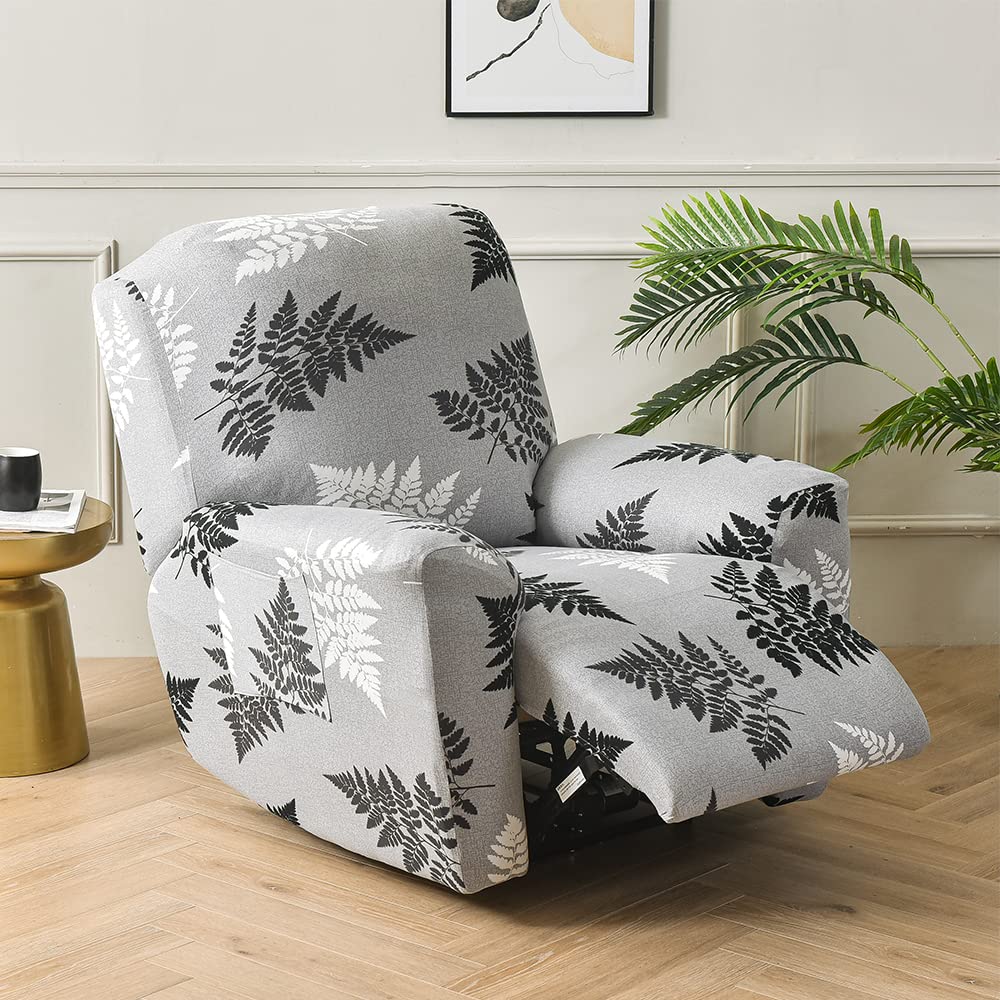 CHNSHOME Recliner Chair Covers, 4-Piece Stretchy Slipcover with Remote Control Pocket, Black and White Leaves Pattern, Traditional Style CHNSHOME