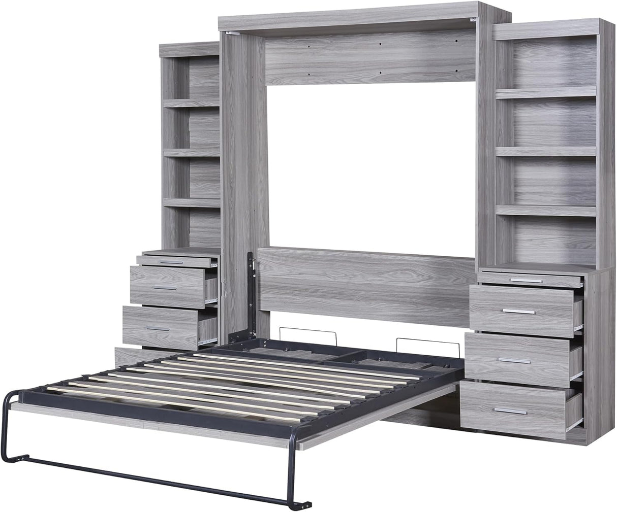 Full Murphy Bed with Bookcase Shelves and 6 Drawers,Metal & Pine Wood Folding Murphy Wall Bed Cabinet for Adults MERITLINE