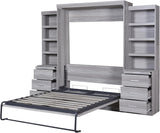 Full Murphy Bed with Bookcase Shelves and 6 Drawers,Metal & Pine Wood Folding Murphy Wall Bed Cabinet for Adults MERITLINE