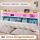 BTHFST Lift Up Storage Twin Bed Frame with Charging Station, LED Lights Storage Headboard with Hidden Cubby, Velvet Upholstered Princess Twin Bed with with Hydraulic Storage, for Girls, Creamy White BTHFST