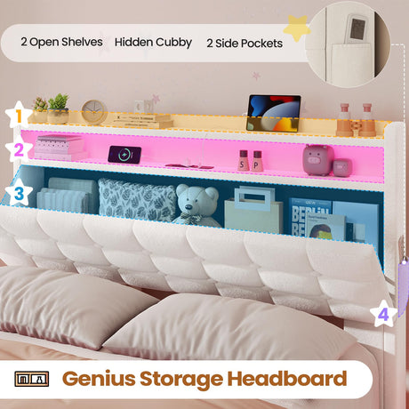 BTHFST Lift Up Storage Twin Bed Frame with Charging Station, LED Lights Storage Headboard with Hidden Cubby, Velvet Upholstered Princess Twin Bed with with Hydraulic Storage, for Girls, Creamy White BTHFST