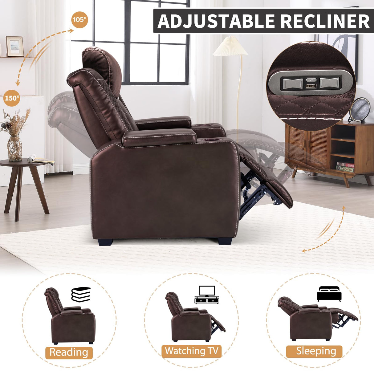 ANJ Power Home Theater Seating Recliner Chairs, PU Leather Recliner with Cup Holder, Electric Movie Theater Reclining Chairs with Adjustable Powered Headrest, LED Lights, Hidden Arm Storage (Brown) ANJ