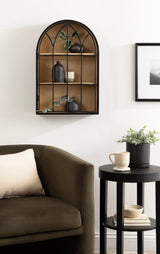 Kate and Laurel Megara Decorative Wooden Hanging Arched Wall Cabinet with Door for Open Storage; 16 x 6 x 24; Black and Natural Wood; Wooden Floating Wall Bathroom Cabinet for Above Toilet Storage Kate and Laurel