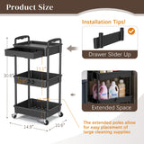 EaseSky Rolling Utility Cart with Drawer 3 Tier, Utility Storage Organizer with Plastic Shelf & Lockable Wheels Multifunctional Storage Cart for Kitchen, Bathroom, Office, Living Room, Black EaseSky