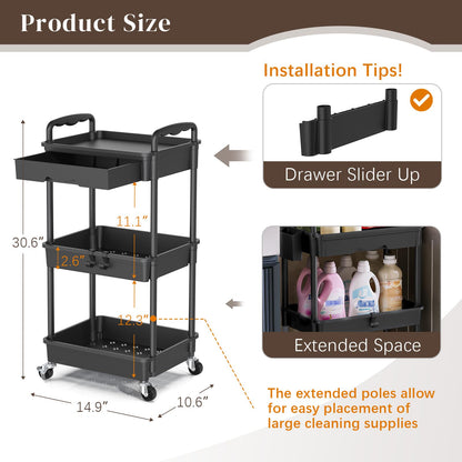 EaseSky Rolling Utility Cart with Drawer 3 Tier, Utility Storage Organizer with Plastic Shelf & Lockable Wheels Multifunctional Storage Cart for Kitchen, Bathroom, Office, Living Room, Black - WoodArtSupply