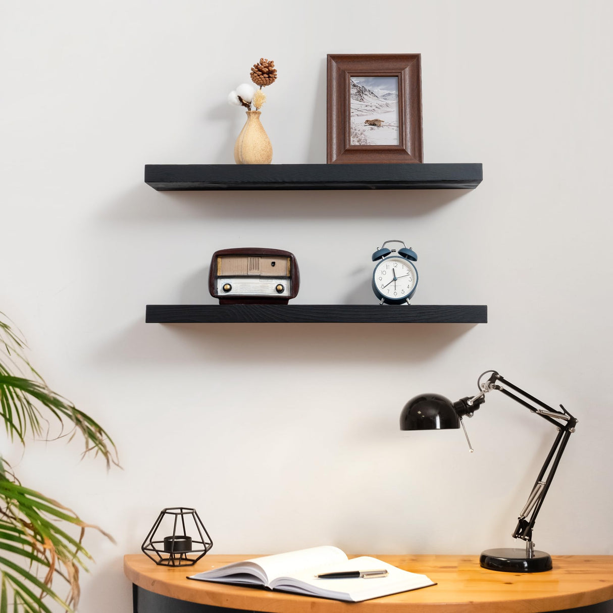 Fun Memories Handcrafted European Pine Floating Shelves - Natural Rustic Wooden Wall Shelf Set of 2-24 Inch Storage Shelf Display Shelf for Kitchen Bathroom Living Room Bedroom Farmhouse - Black Fun Memories