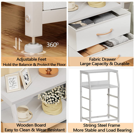 Furnulem White Nightstand with 3 Drawers and 2-Tier Shelf, Small Night Stand End Table Side Furniture, Fabric Storage Organizer for Bedroom, Closet, Hallway, Nursery, Sturdy Steel Frame, Wood Top Furnulem