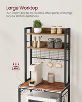 VASAGLE Rustic Brown and Black Microwave Stand with Power Outlet and 14 Hooks, Adjustable Kitchen Bakers Rack VASAGLE