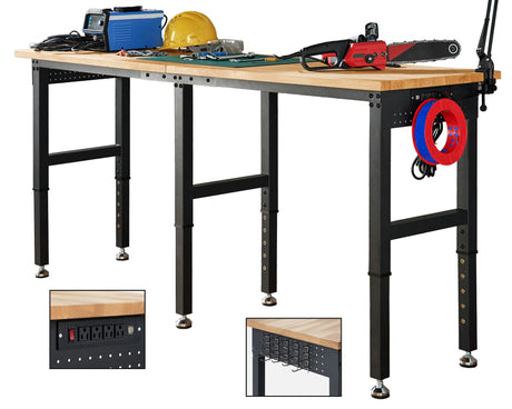 Albott 84x24” Adjustable Workbench 28.7-38.6" Height, Rubber Wood Top Heavy Duty Workbench with Power Outlets & Hooks, 5000 LB Capacity Workbench for Garage, Workshop, Home & Office Albott