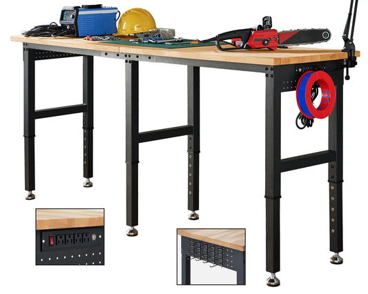 Albott 84x24” Adjustable Workbench 28.7-38.6" Height, Rubber Wood Top Heavy Duty Workbench with Power Outlets & Hooks, 5000 LB Capacity Workbench for Garage, Workshop, Home & Office