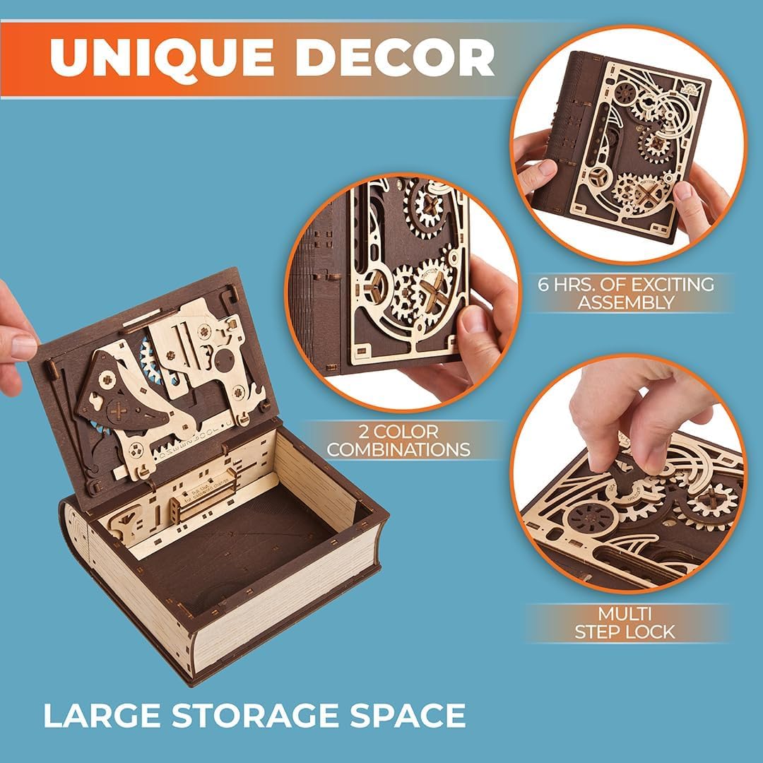 UGEARS Book of Secrets Puzzle Box - 3D Wooden Puzzles for Adults, Fun Wood Steampunk Combination-Lock - DIY Building Mechanical Model Kit for Fathers Day and Hobby Enthusiasts - 263 Pcs UGEARS