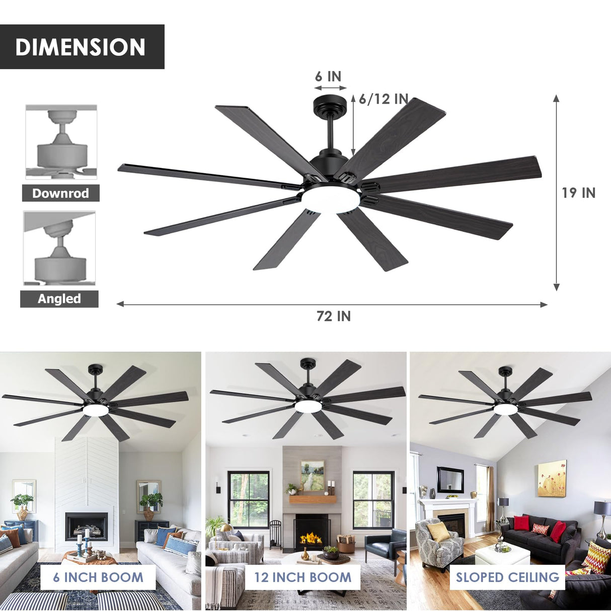 Kayleik 72 Inch Large Ceiling Fan with Lights and Remote, Black Ceiling Fan for 8 Blades 6 Speed Reversible Quiet DC Motor, Outdoor Ceiling Fans for Living Room,Patio,Garage,and Commercial Spaces Kayleik