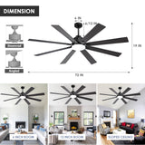 Kayleik 72 Inch Large Ceiling Fan with Lights and Remote, Black Ceiling Fan for 8 Blades 6 Speed Reversible Quiet DC Motor, Outdoor Ceiling Fans for Living Room,Patio,Garage,and Commercial Spaces Kayleik