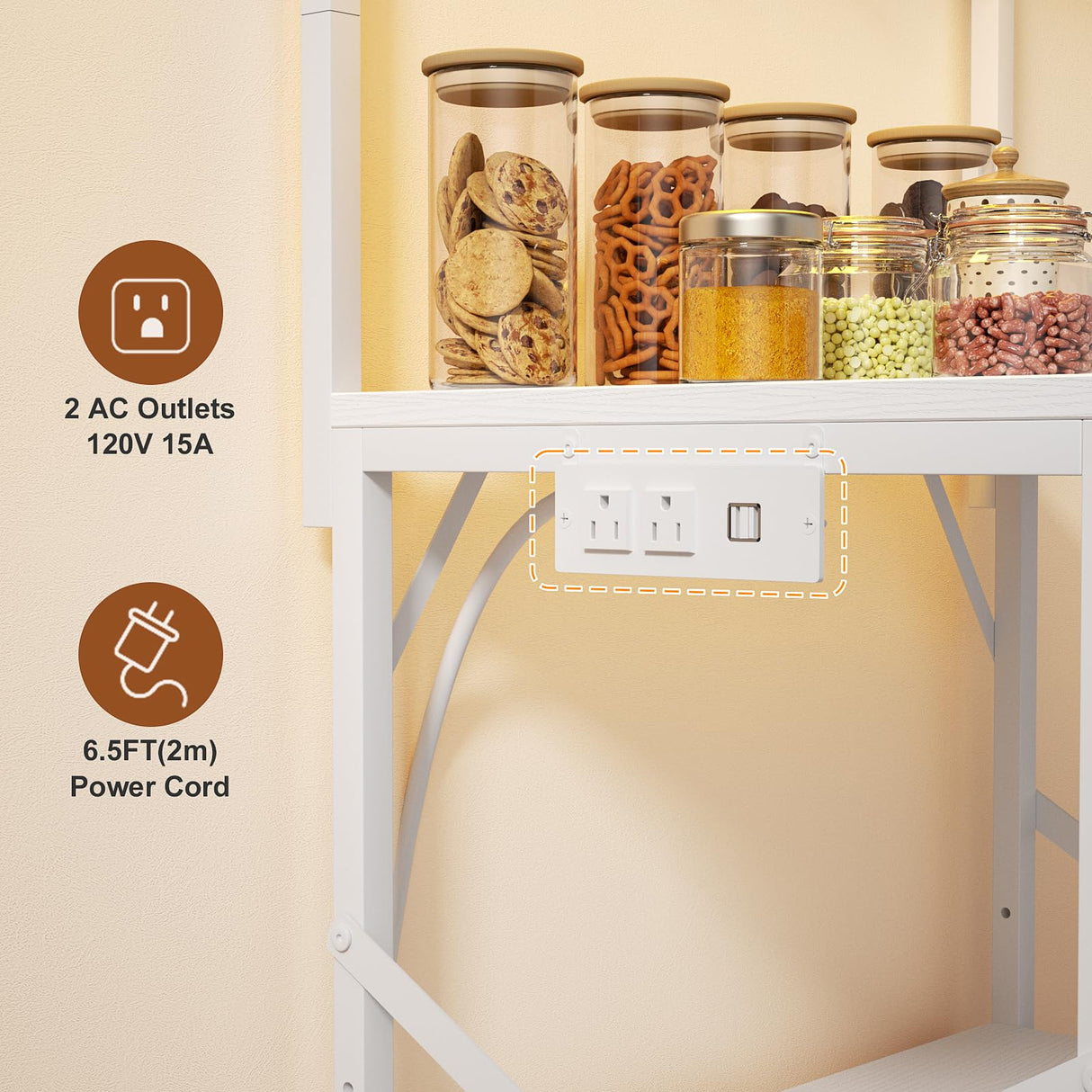 Korfile Kitchen Bakers Rack with Power Outlet & LED Lights, Small Coffee Bar Table with Adjustable Storage Shelf, 4 Tiers Microwave Stand with 8 Hooks, Coffee Station for Appliance Organizer, White Korfile