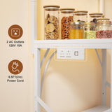 Korfile Kitchen Bakers Rack with Power Outlet & LED Lights, Small Coffee Bar Table with Adjustable Storage Shelf, 4 Tiers Microwave Stand with 8 Hooks, Coffee Station for Appliance Organizer, White Korfile