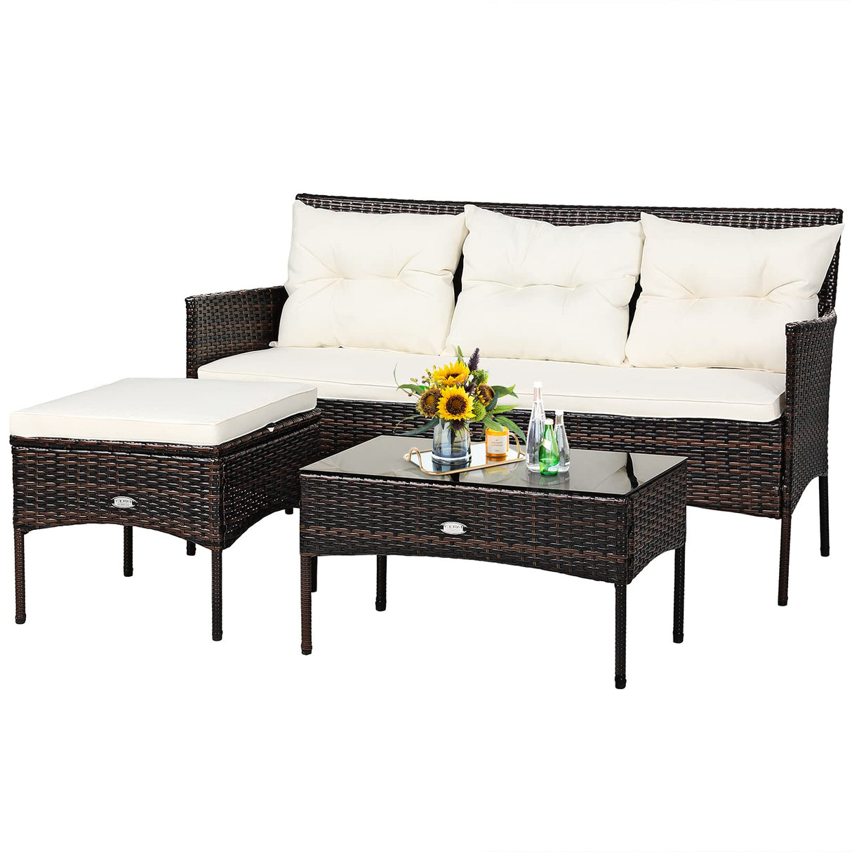 Tangkula 3 Pieces Patio Conversation Set, Outdoor PE Rattan Wicker Furniture Set W/Cozy Cushions, All Weather Sectional Sofa Set W/Tempered Glass Coffee Table for Poolside, Backyard, Garden Tangkula