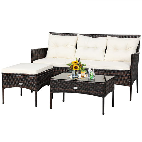 Tangkula 3 Pieces Patio Conversation Set, Outdoor PE Rattan Wicker Furniture Set W/Cozy Cushions, All Weather Sectional Sofa Set W/Tempered Glass Coffee Table for Poolside, Backyard, Garden Tangkula