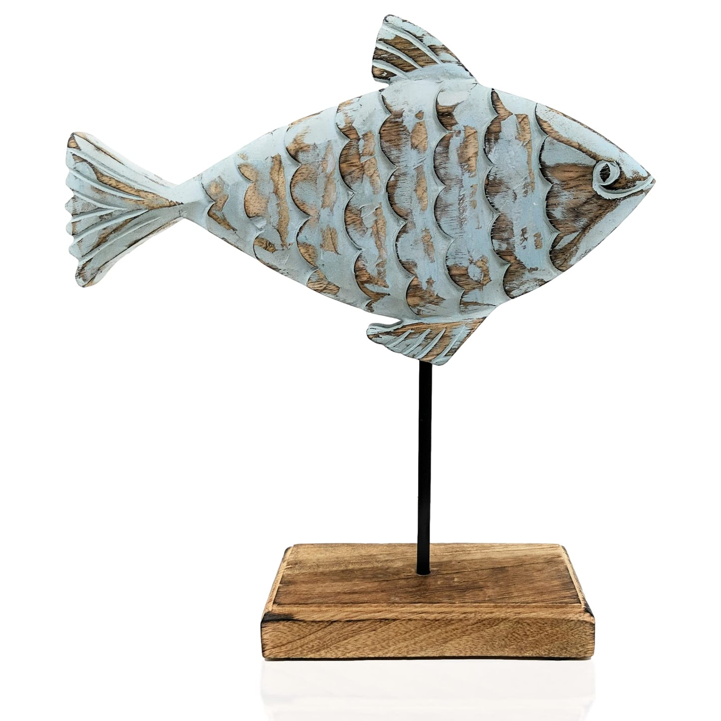 Wooden Fish Sculpture Home Decor | Surgeon Fish Statue on Base Stand | Coastal Beach House Decor Art Piece | Rustic Centerpiece Table Decor for Office, Living Room (Surgeon Fish)