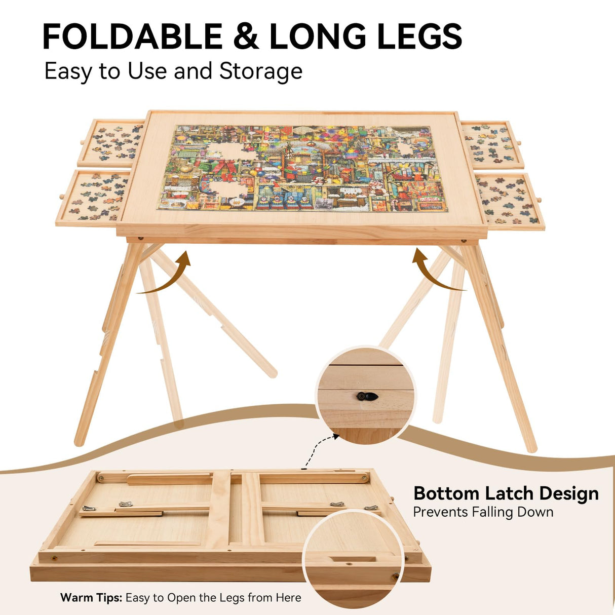 TEAKMAMA 27.6" H Tall Puzzle Board with 4 Drawers, 1500 Piece Puzzle Table with Legs Folding Puzzle Board with Cover, 34.1" W x 26.2" D Large Wood Jigsaw Puzzle Board for Adults, Nature TEAKMAMA