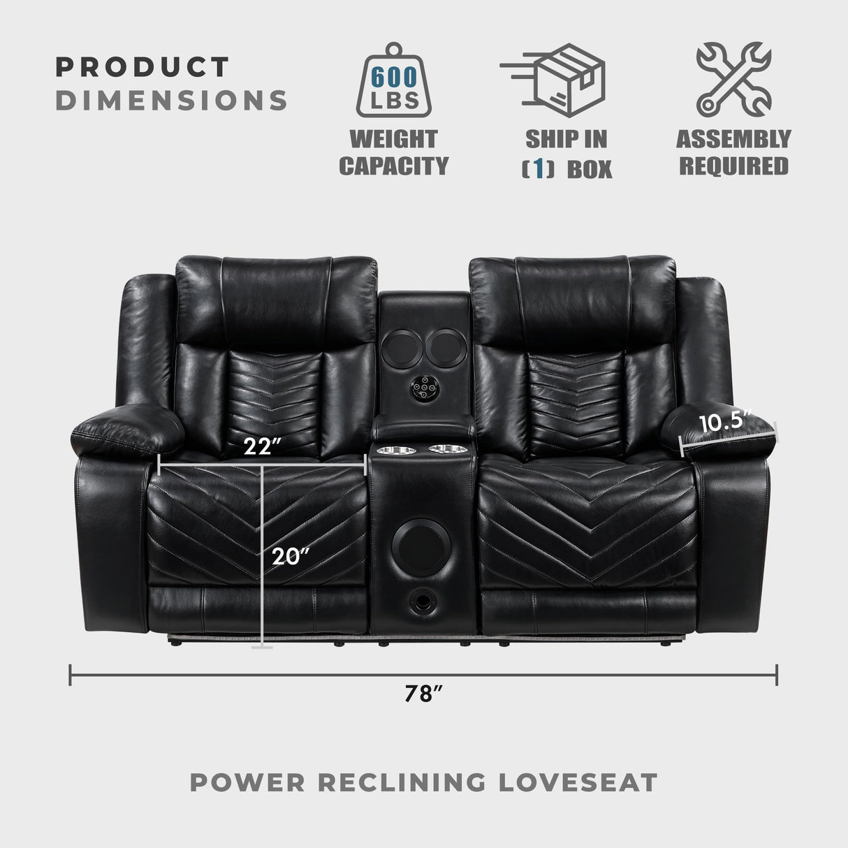 Lexicon Wall Hugger Power Double Reclining Loveseat with Console, Faux Leather Home Theater Seating with LED Lighting, Charging Ports, Bluetooth Speaker Wireless, Cup Holders, Hidden Storage, Black Lexicon