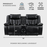 Lexicon Wall Hugger Power Double Reclining Loveseat with Console, Faux Leather Home Theater Seating with LED Lighting, Charging Ports, Bluetooth Speaker Wireless, Cup Holders, Hidden Storage, Black Lexicon