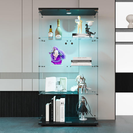 64.7" Glass Display Cabinet 4-Shelf Black Display Case with LED Light and Two Glass Doors Modern Curio Collection Cabinet, Floor Standing Bookshelf for Living Room Office（Black 64.7"x31.7"x14.3"） Fulocseny