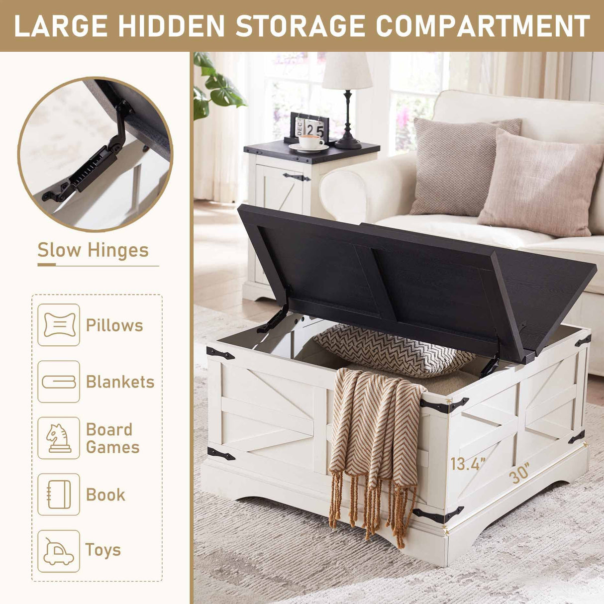 JXQTLINGMU Farmhouse Coffee Table, Square Wood Center Table with Large Hidden Storage Compartment for Living Room, Rustic Cocktail Table with Hinged Lift Top for Home, White JXQTLINGMU