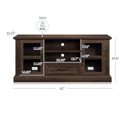 BELLEZE Rustic 62 Inch Modern TV Stand Fits TVs Up to 70 Inch, Storage Entertainment Center Console with Window Pane Glass Cabinet Doors and Adjustable Shelves - Trussati (Dark Walnut)