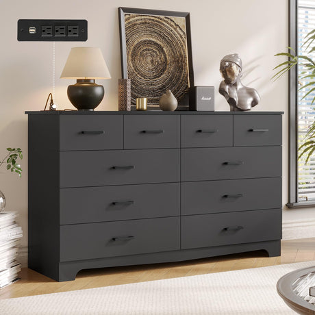 DICTAC Black Dresser for Bedroom with 10 Drawers, Large Chest of Drawers Storage Organizer, Long Dresser TV Stand with Power Outlets, Wide Dressers for Bedroom, Living Room 55.1" W x 32.3" H x 15.8" D DICTAC