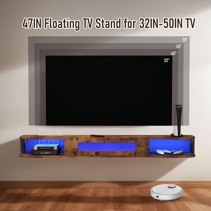 Bixiaomei Floating TV Stand with LED Lights, 47'' Wall Mounted TV Cabinet with Glass Door and 2 Cabinets, Wooden Entertainment Media Console Center Large Storage Shelf Under TV (47.24IN, Rustic Brown)