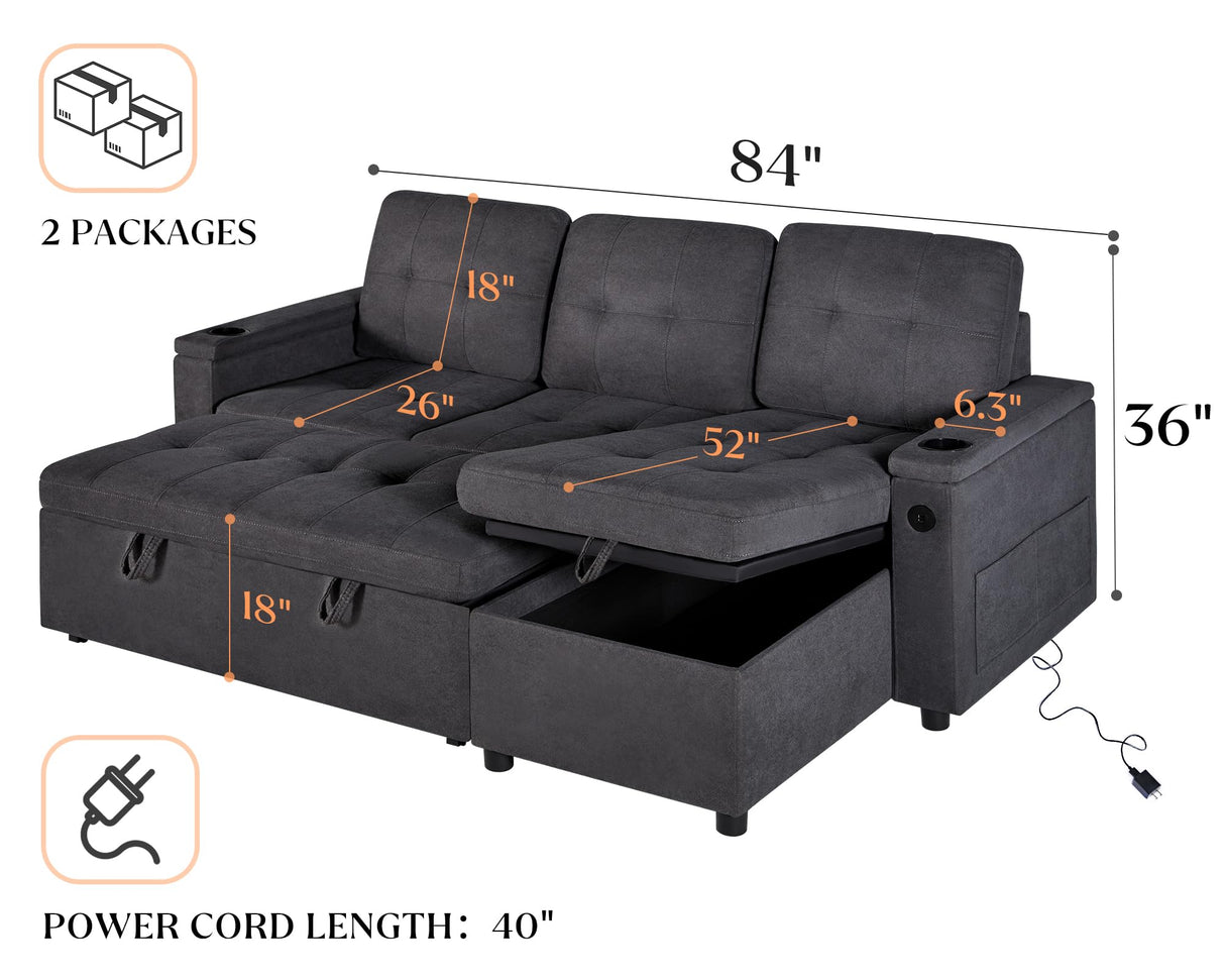 VanAcc Sofa Bed, Sleeper Sofa with USB Charging Ports, L-Shaped Couch with Storage, Pull Out Couch for Living Room, Grey Linen VanAcc