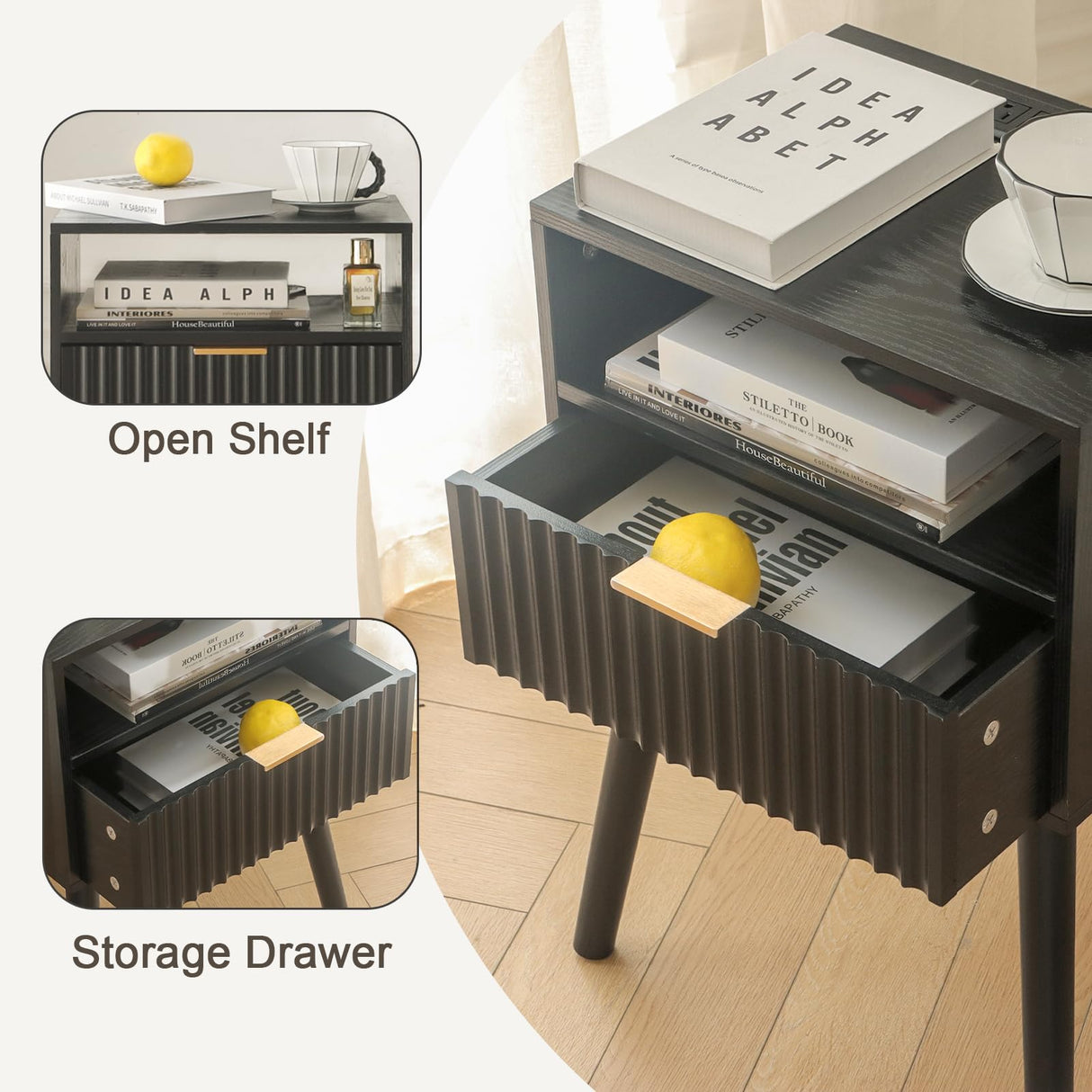 Fultyle Black Nightstand with Charging Station, Mid Cetury Modern Nightstand with Drawers, Fluted End Side Table Living Room for Bedroom and Small Space with Solid Wood (Black) Fultyle