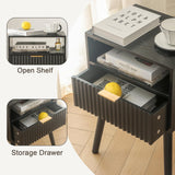 Fultyle Black Nightstand with Charging Station, Mid Cetury Modern Nightstand with Drawers, Fluted End Side Table Living Room for Bedroom and Small Space with Solid Wood (Black) Fultyle