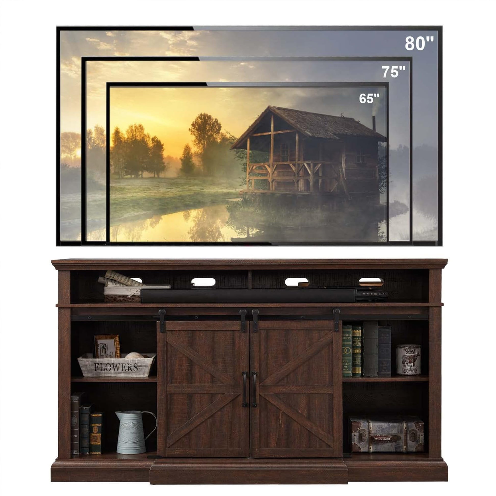 Farmhouse TV Stand for 80 Inch TVs, 39" Tall Entertainment Center w/Storage Cabinets and Sliding Barn Door, Media Console Cabinet w/Soundbar & Adjustable Shelves for Living Room, 70inch (Brow - WoodArtSupply