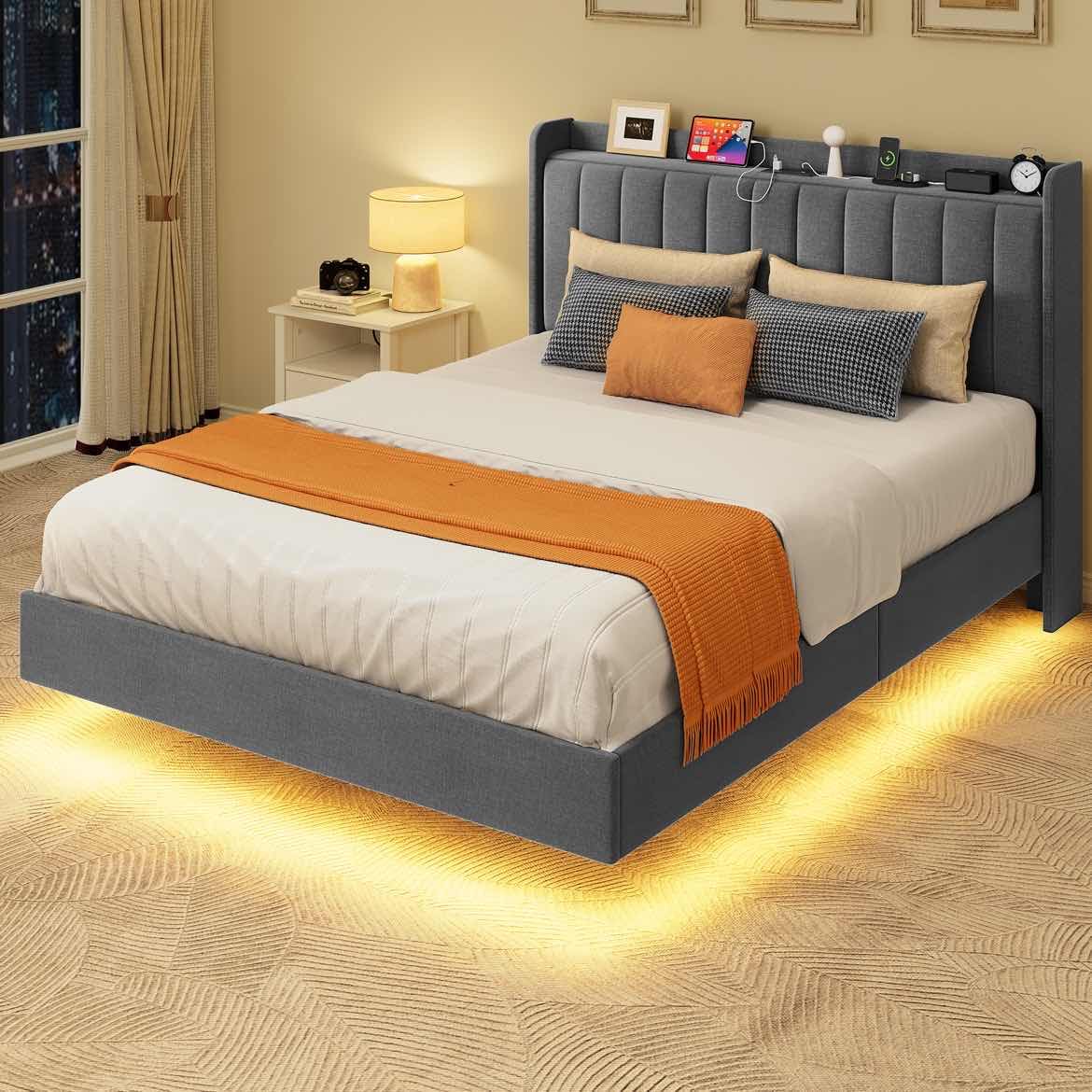 DWVO Queen Size Floating Bed Frame with LED Lights, Charging Station, and Bookcase Headboard, Grey - WoodArtSupply