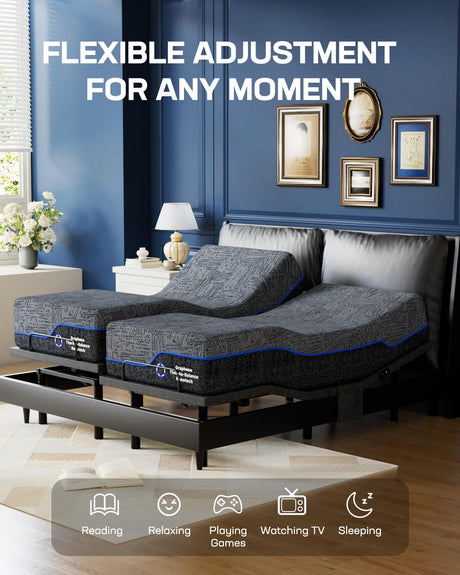 Marsail NS1 Split King Adjustable Bed Base with Massage- Smart Dual Motor Bed Frame with Wireless Remote, 3-Min Assembly, 4 USB Ports, Zero Gravity & Anti-Snore Mode Marsail