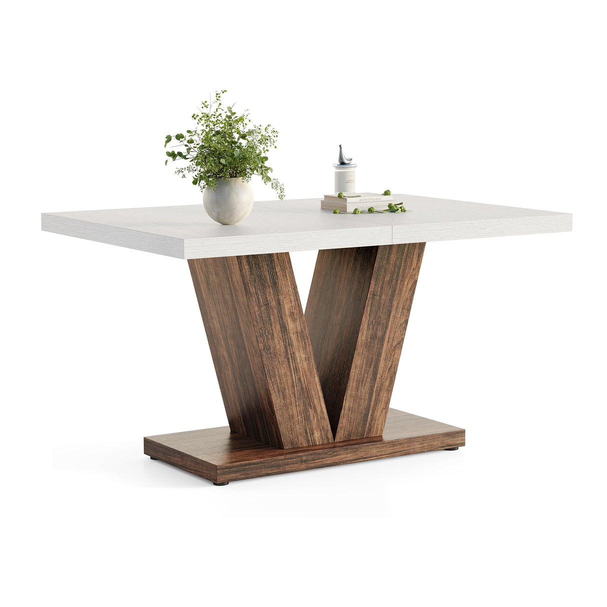LITTLE TREE 47 Inches Dining Table for 4, Modern Dining Room Tables, White Rectangle Kitchen Table with Rustic Brown V-Shaped Pedestal, Wooden Dinner Table for Dining Room, Kitchen, Living Room LITTLE TREE