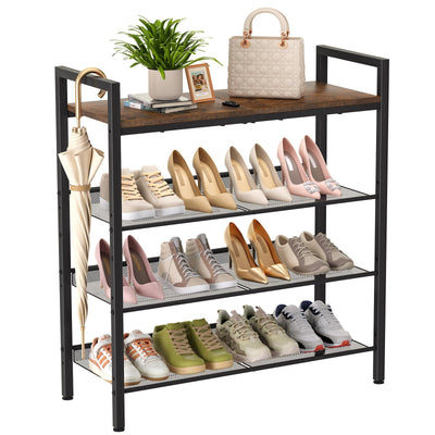 WIN4ALL Shoe Rack for Front Door Entrance, 4 Tier Shoe Rack for Entryway, 12-16 Pairs of Shoes, Metal Shoe Rack Organizer, Free Standing Shoe Rack for Closet (Black+Rustic Brown)