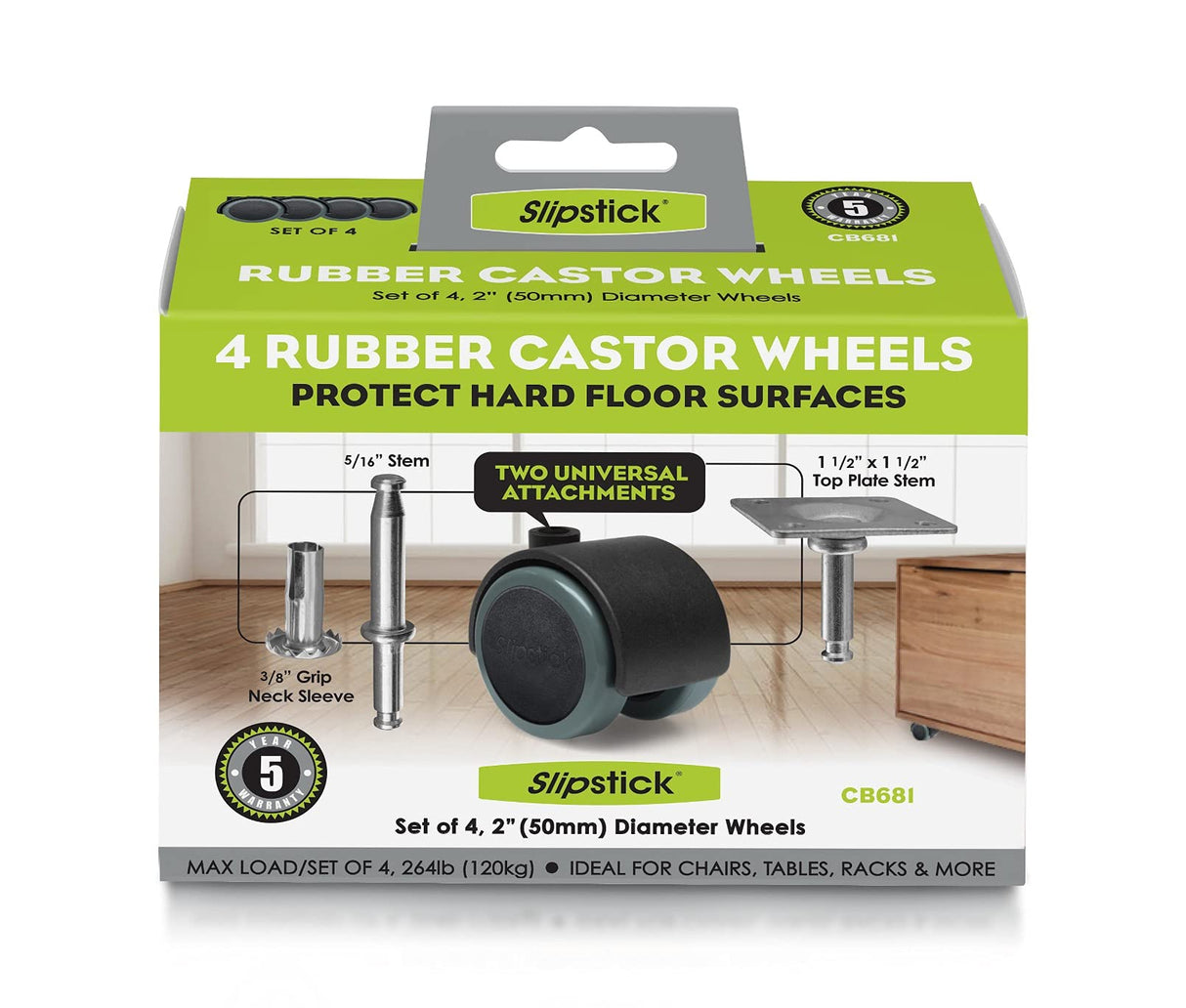 Slipstick CB681 2 Inch Floor Protector Rubber Caster Wheels (Set of 4) 5/16 Inch Stem or Top Plate Mounting Options - Black/Gray Green Slipstick
