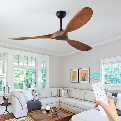 SZATOWL 60 inch Ceiling Fan Without Light, Ceiling Fan no Light with Remote Control and Quiet DC Motor, Outdoor Ceiling Fans for Patios Without Lights, Solid Wood 3 Blades, ETL Listed- Nature Wood SZATOWL