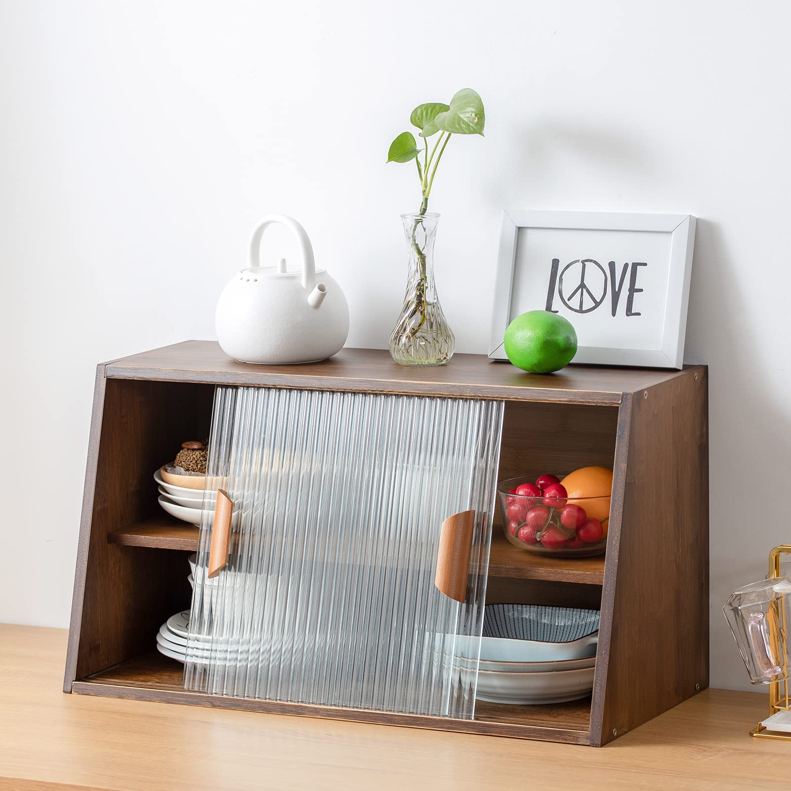 HollyHOME Small Bamboo Kitchen Pantry Sideboard with 2 Sliding Striped Glass Doors, Freestanding Countertop Storage Cabinet for Bottles, Dish, Bowl, Console Dining Cupboard, Walnut - WoodArtSupply