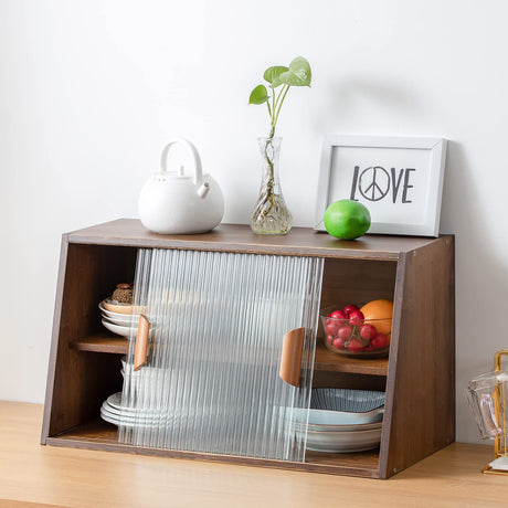HollyHOME Small Bamboo Kitchen Pantry Sideboard with 2 Sliding Striped Glass Doors, Freestanding Countertop Storage Cabinet for Bottles, Dish, Bowl, Console Dining Cupboard, Walnut HollyHOME