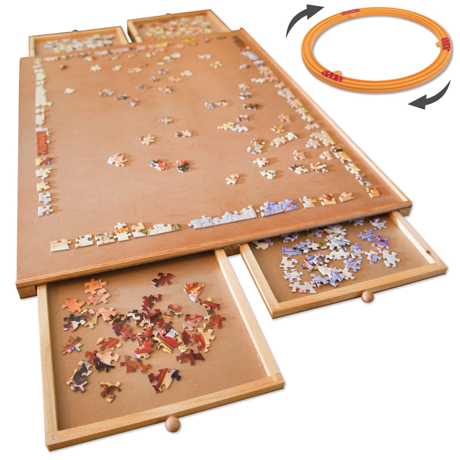 Bits and Pieces - 1000 Piece Puzzle Board with Drawers - Original Standard Wooden Puzzle Plateau - Tabletop Deluxe Jigsaw Puzzle Organizer and Puzzle Storage System (Standard with Spinner) - WoodArtSupply