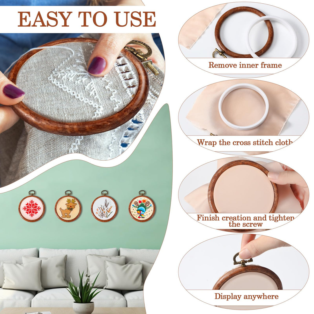 Burbell 15 Pcs Spring Round Embroidery Hoops Frame Circle Rubber Hoops Ring Display Cross Stitch Ornament Imitated Wood Frame Kits for Christmas in July Craft Sewing DIY Hanging Gifts(3 Inch) Burbell