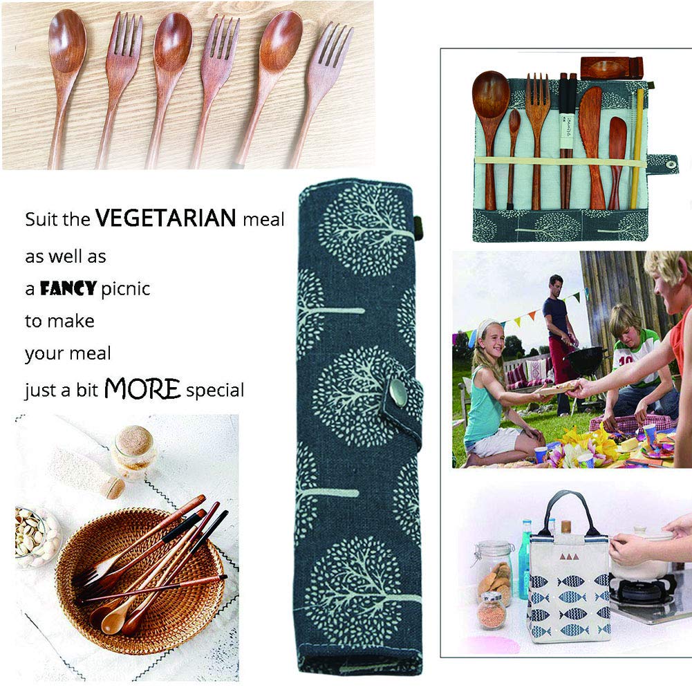 Busnos bamboo Utensils for Eating Reusable wooden travel flatware set with Case 9 Pcs durable wooden cutlery wooden spoons forks and chopsticks Wood Flatware Set with Knife Fork Spoon Chopsticks Straw Busnos